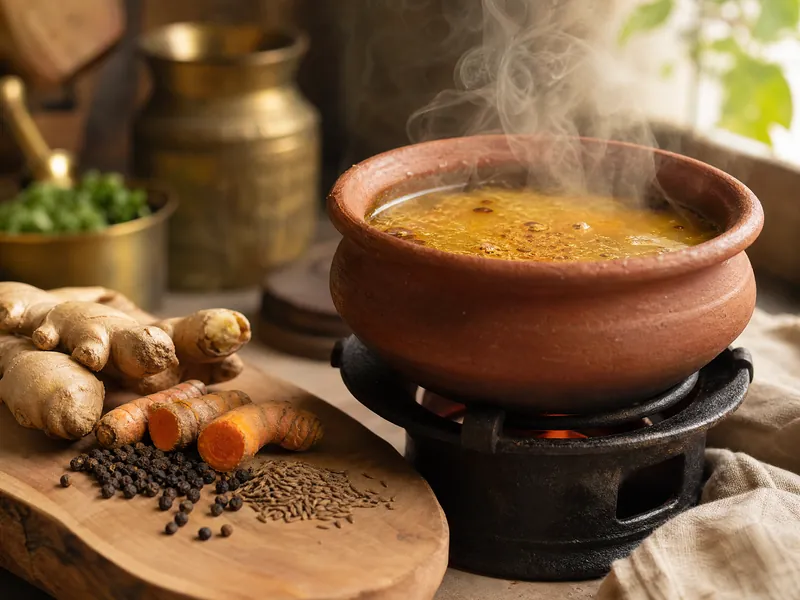 Глиняный горшок со специями на огне — пищеварительный огонь агни